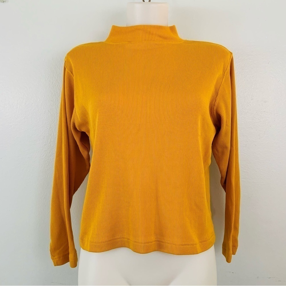 𝅺VINTAGE 90s Paris Sports Club Mustard Ribbed Mock Neck Shirt Size Large - Picture 2 of 5